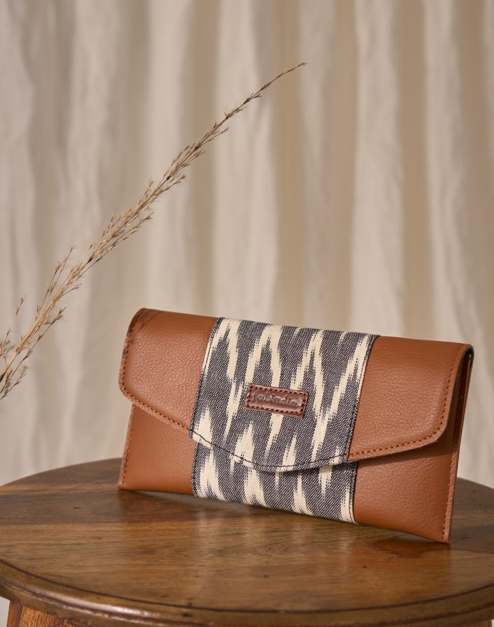 brown fabric ikat printed wallet