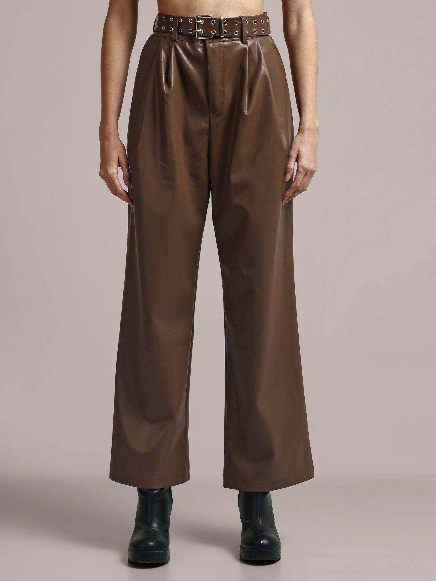 brown faux leather high waist wide leg trousers