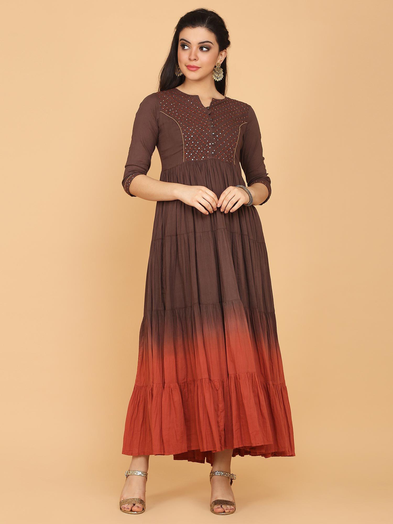 brown flared gown