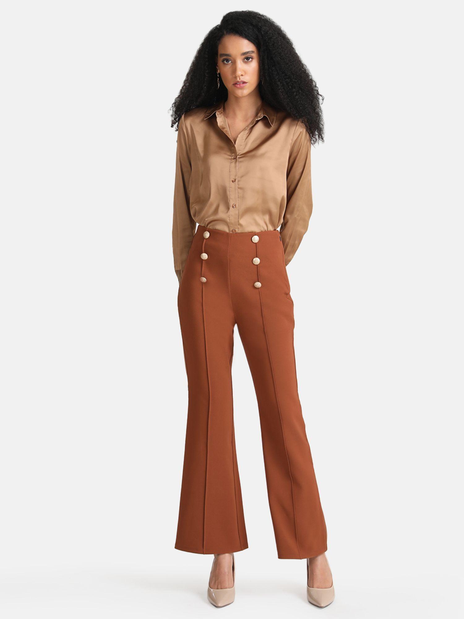 brown flared trousers with buttons