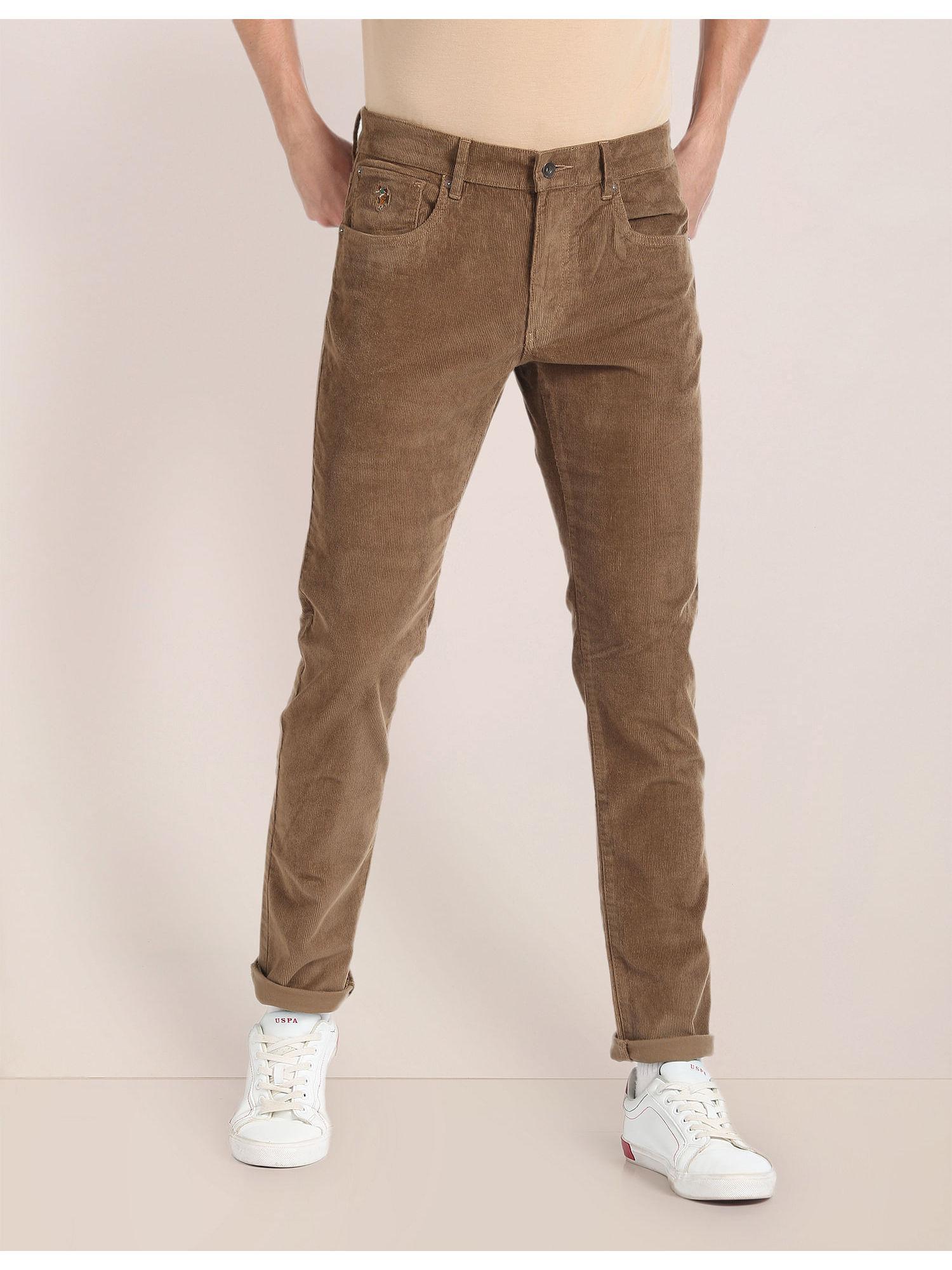 brown flat front corduroy casual trousers