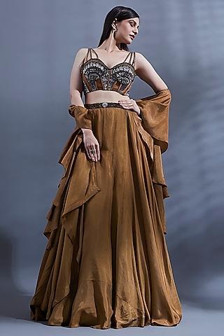 brown flat silk lehenga set