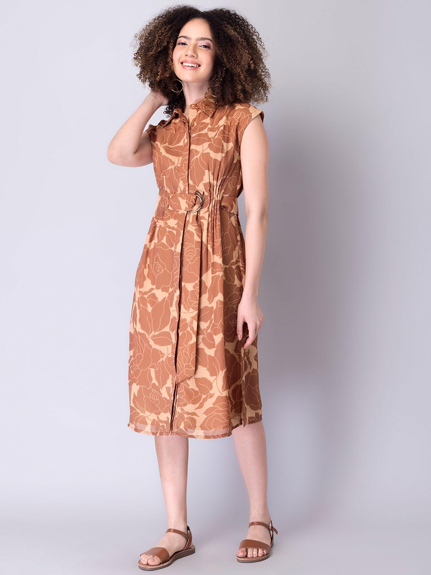 brown floral belted shirt dress (set of 2)