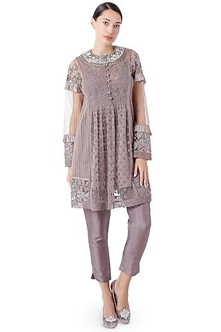 brown floral embroidered tunic set