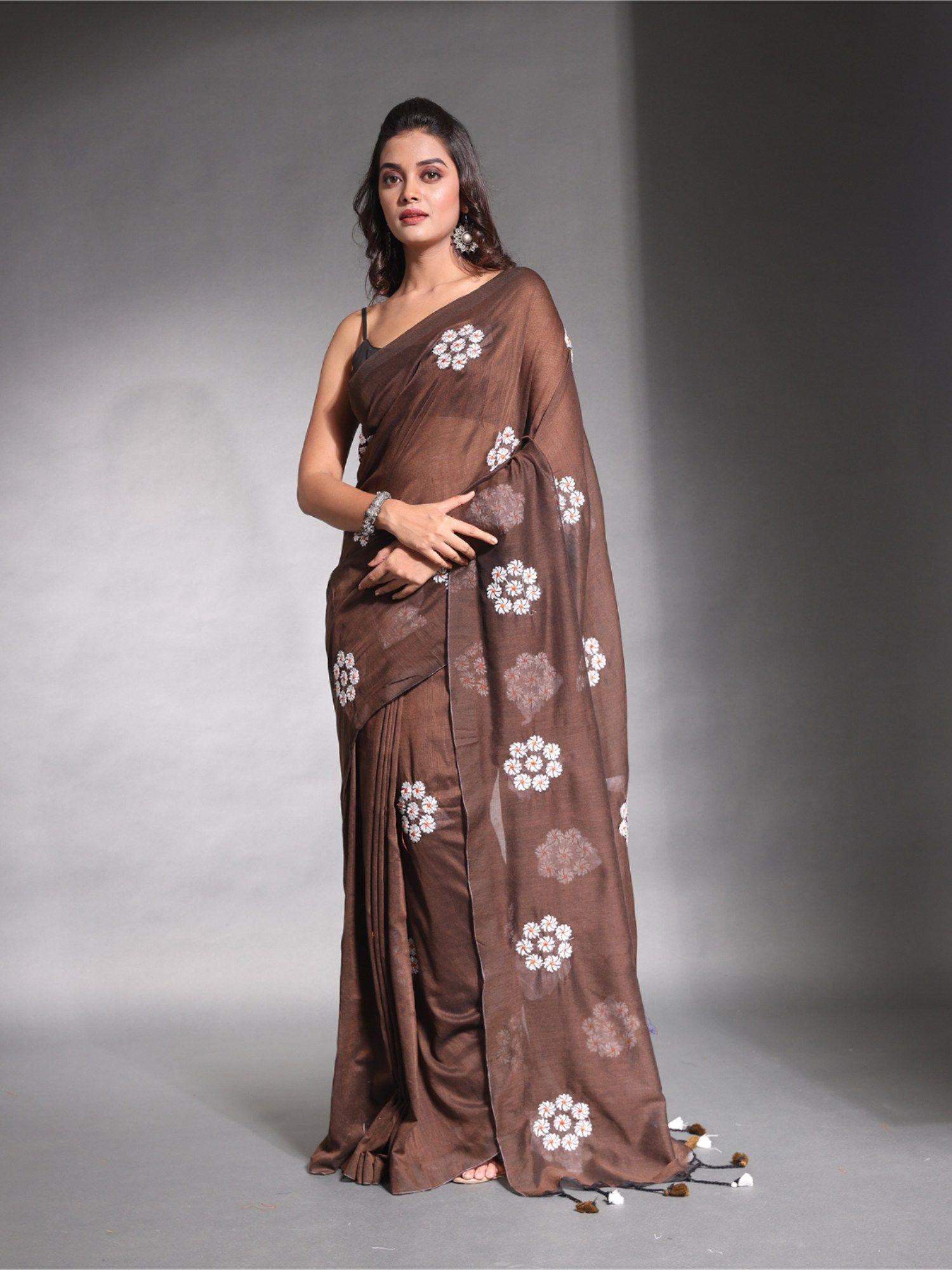 brown floral embroidery work pure cotton soft saree with unstitched blouse