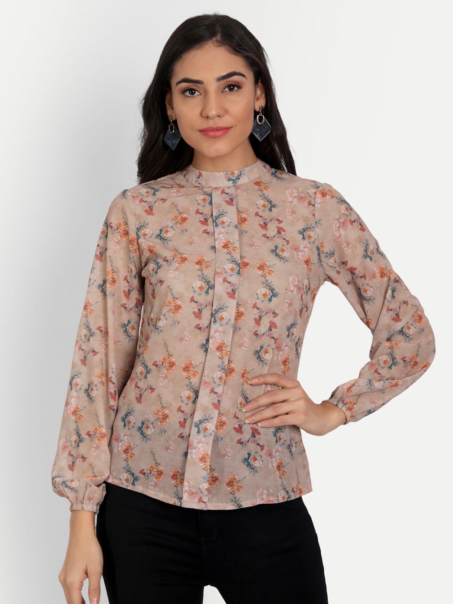 brown floral print mandarin collar georgette shirt style top