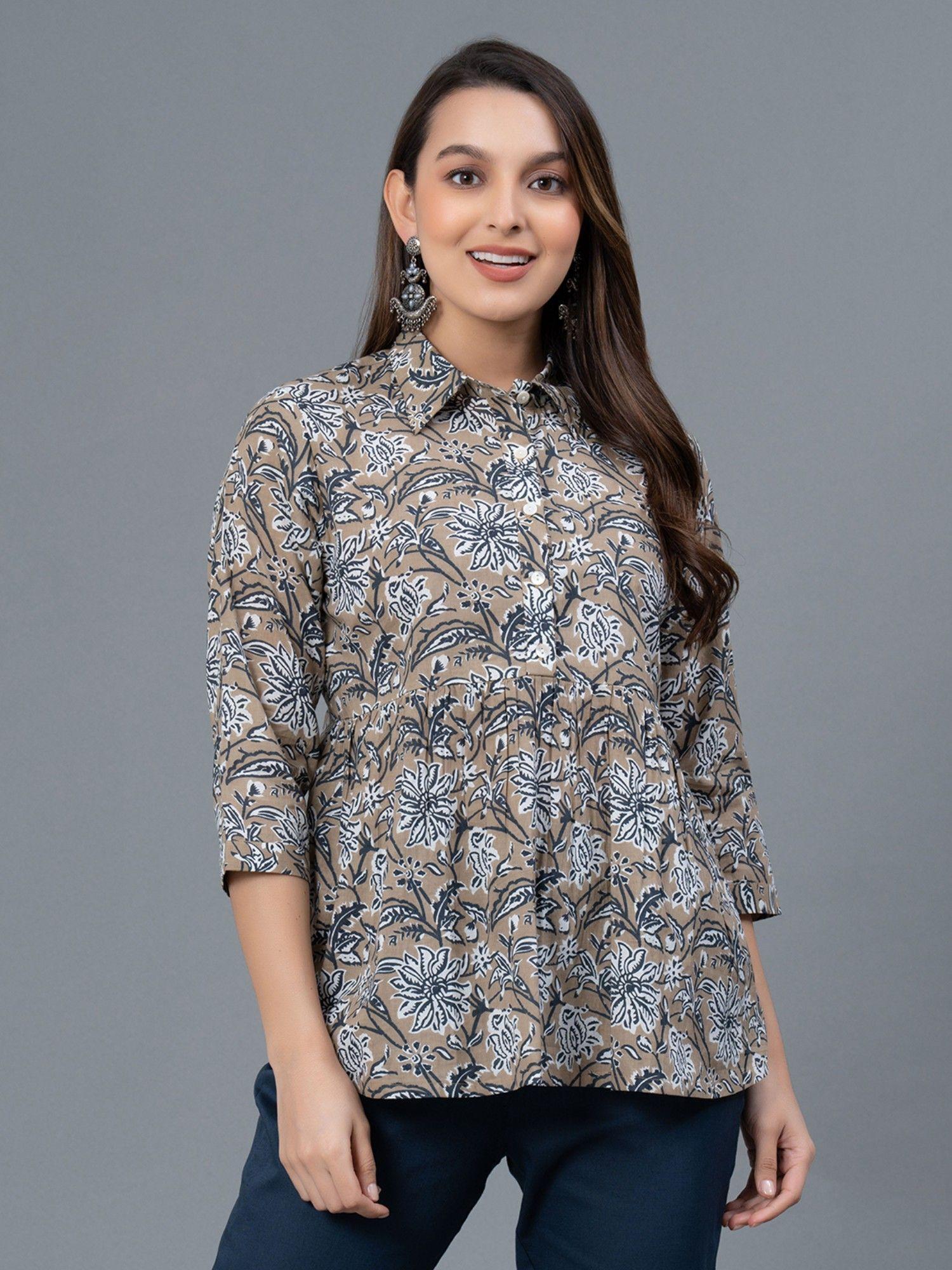 brown floral print pure cotton womens blouse and top