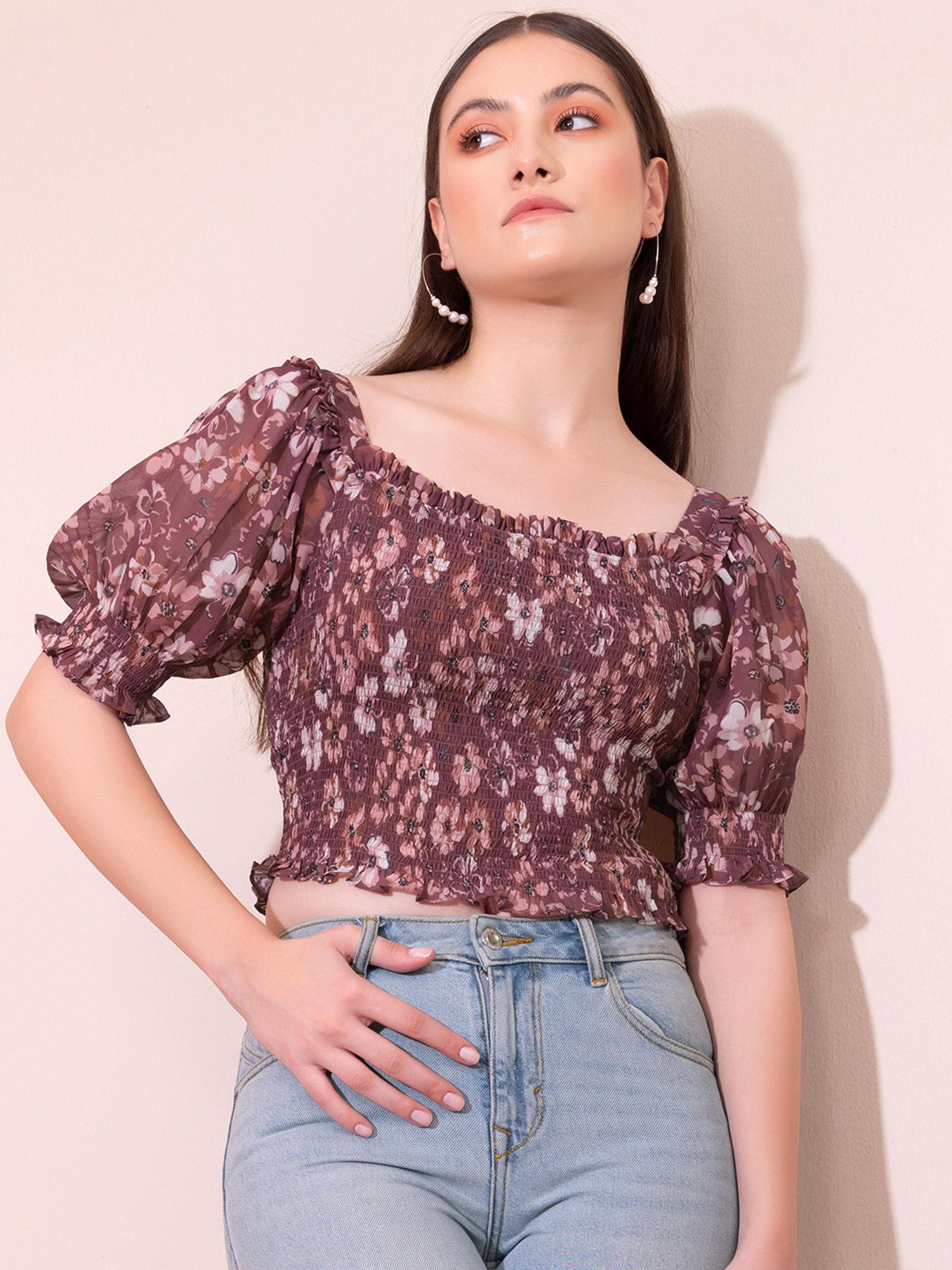 brown floral print smocked crop top