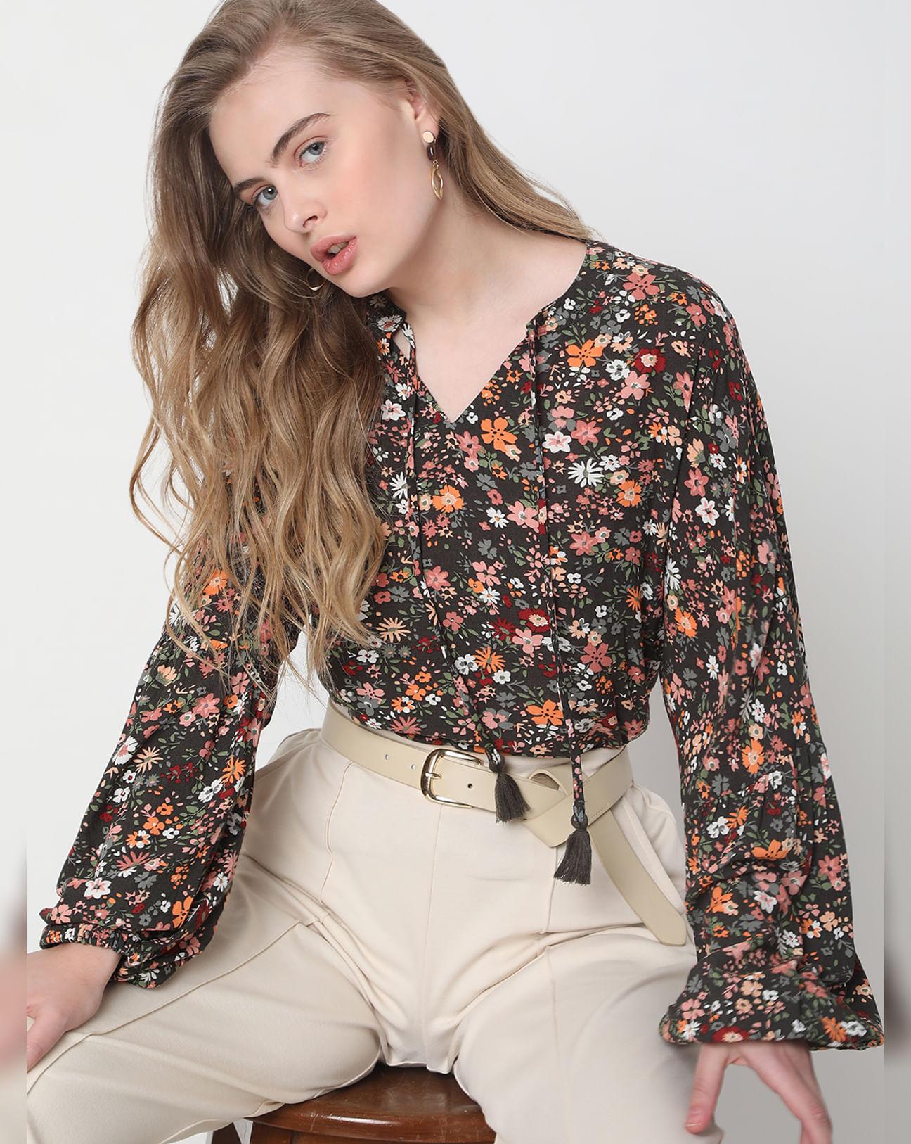 brown floral print top