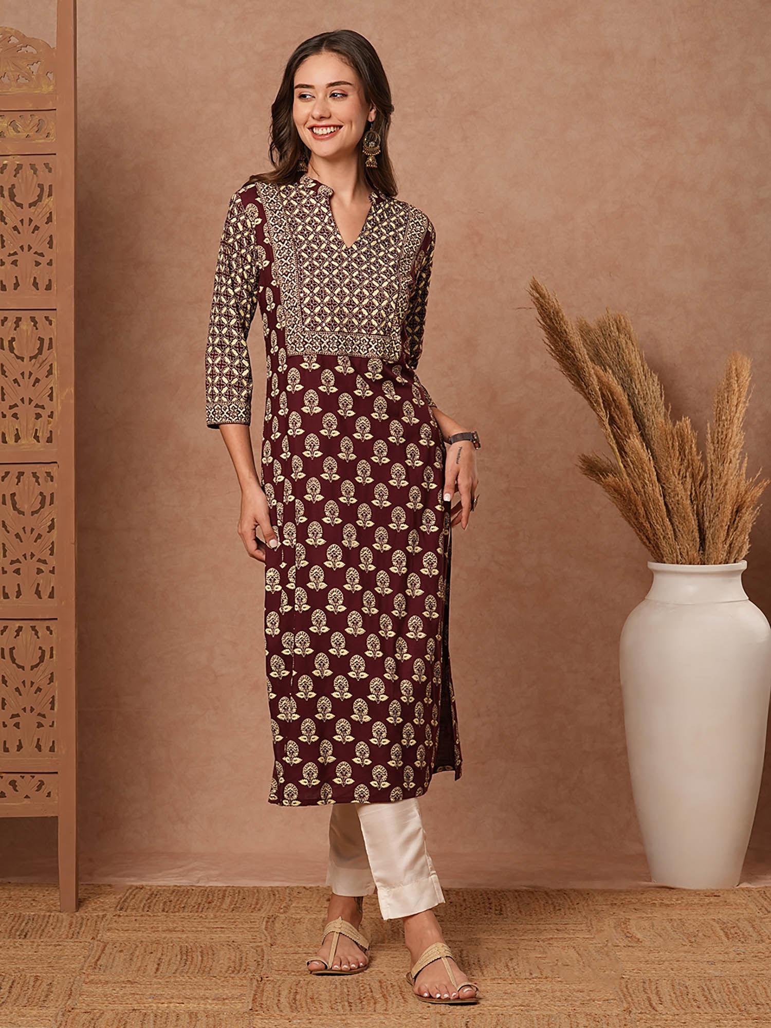 brown floral printed- embellished sequined kurta