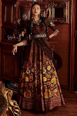 brown floral printed anarkali set