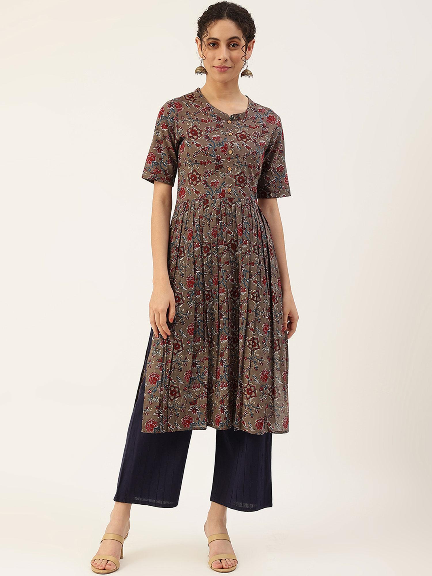 brown floral printed cotton kurta