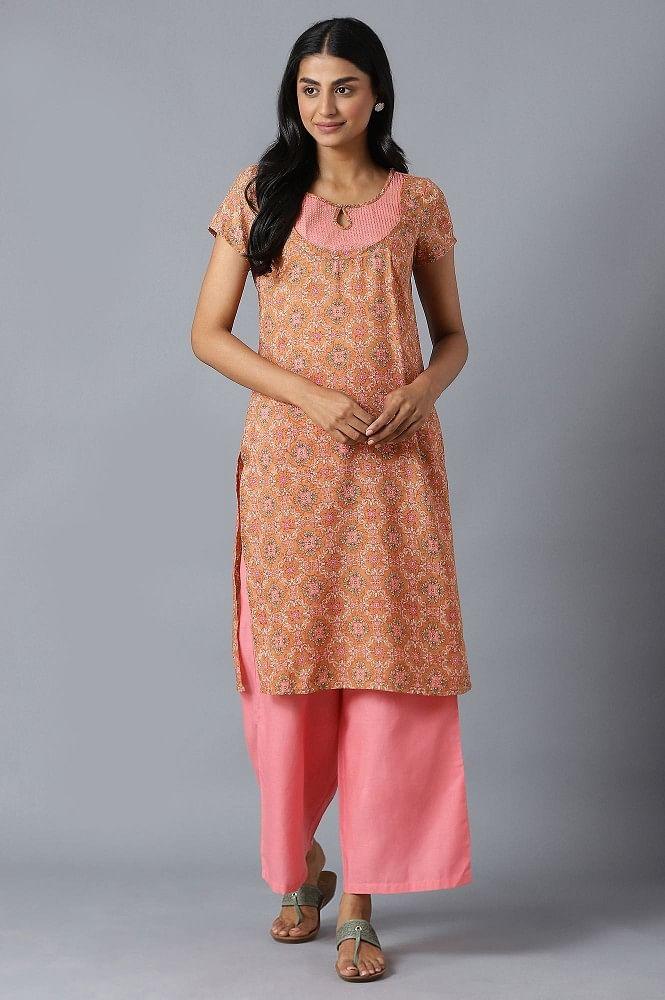 brown floral printed kurta in round neck with pink straight palazzo