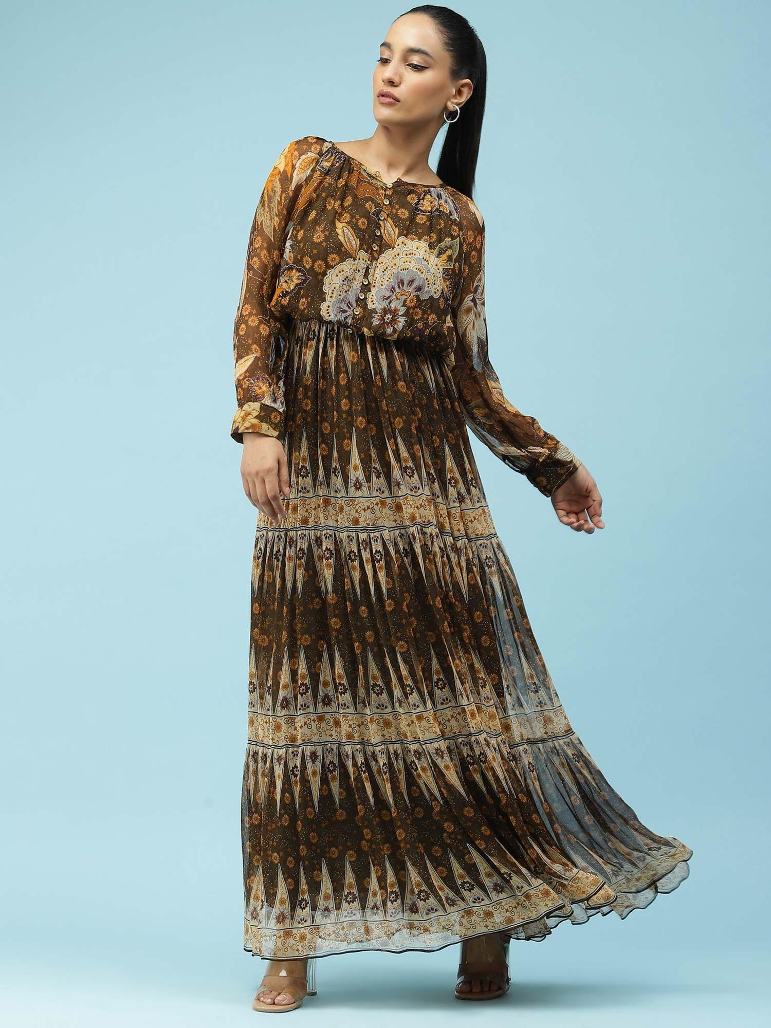 brown floral printed maxi dress