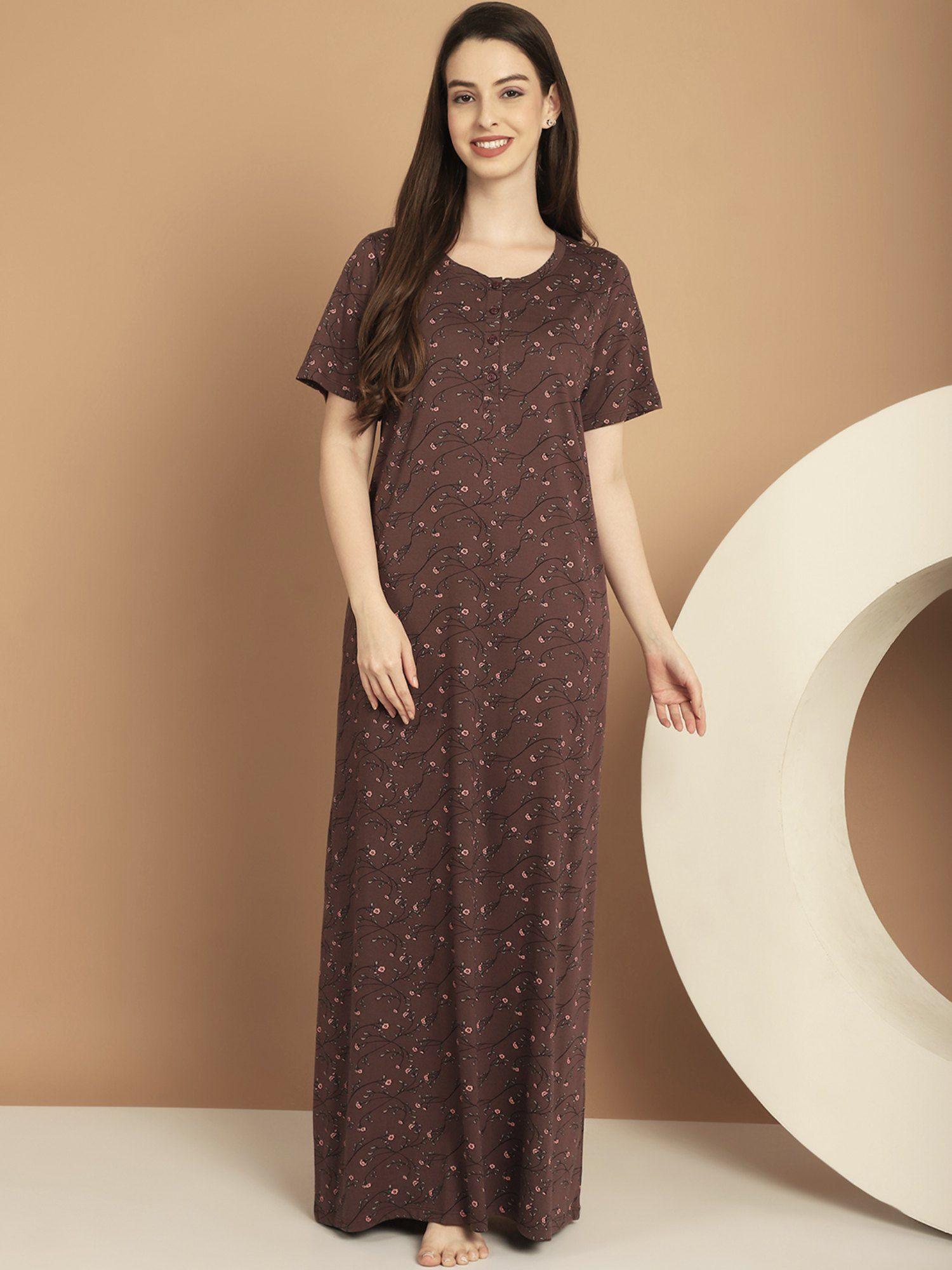 brown floral printed maxi nightdress