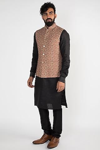 brown floral printed nehru jacket