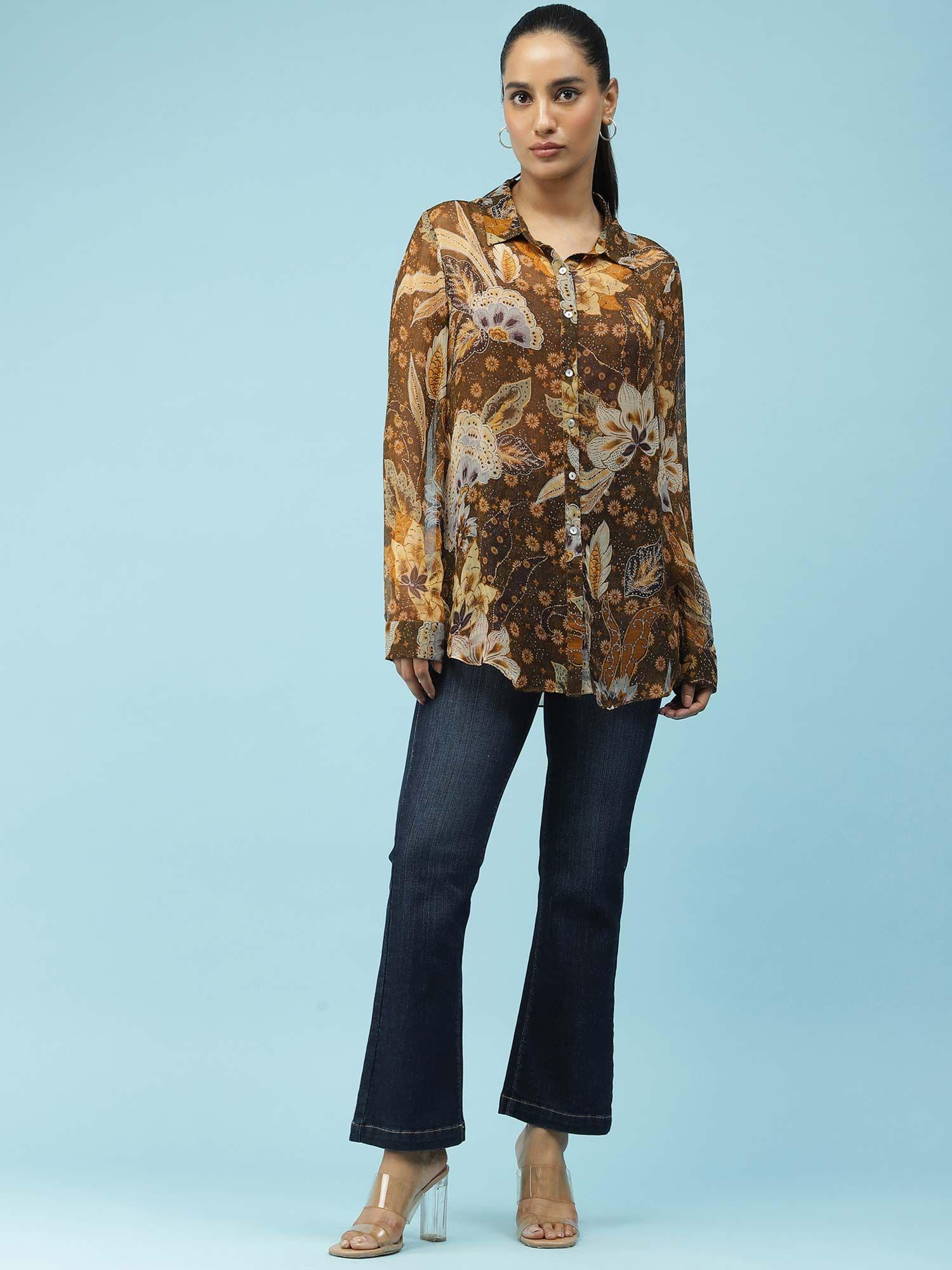 brown floral printed shirt with camisole (set of 2)