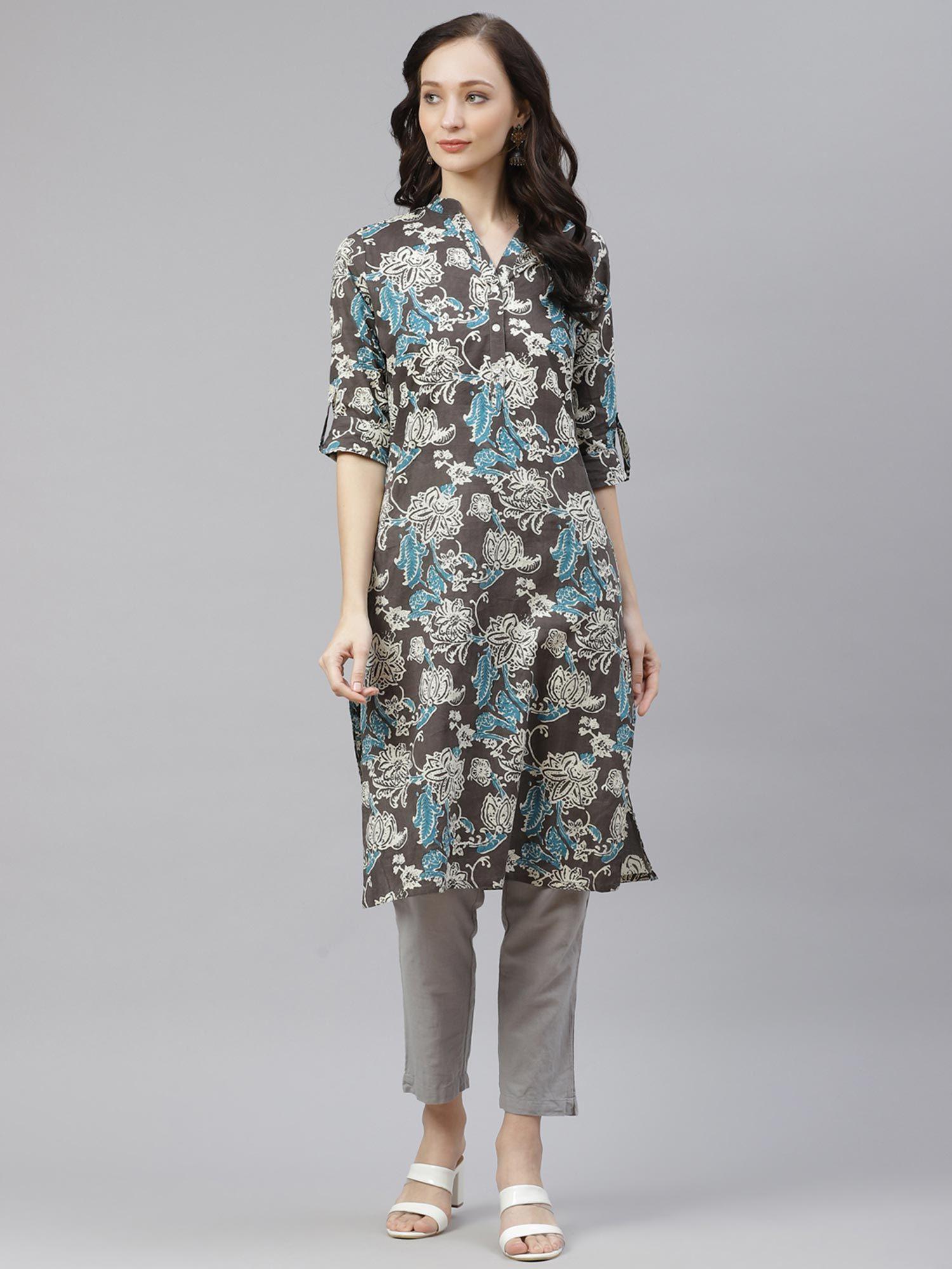 brown floral printed straight kurta