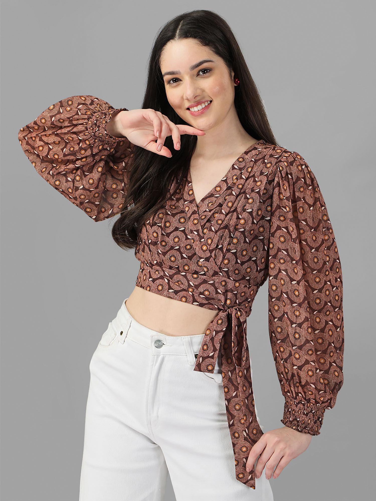 brown floral printed wrap crop top