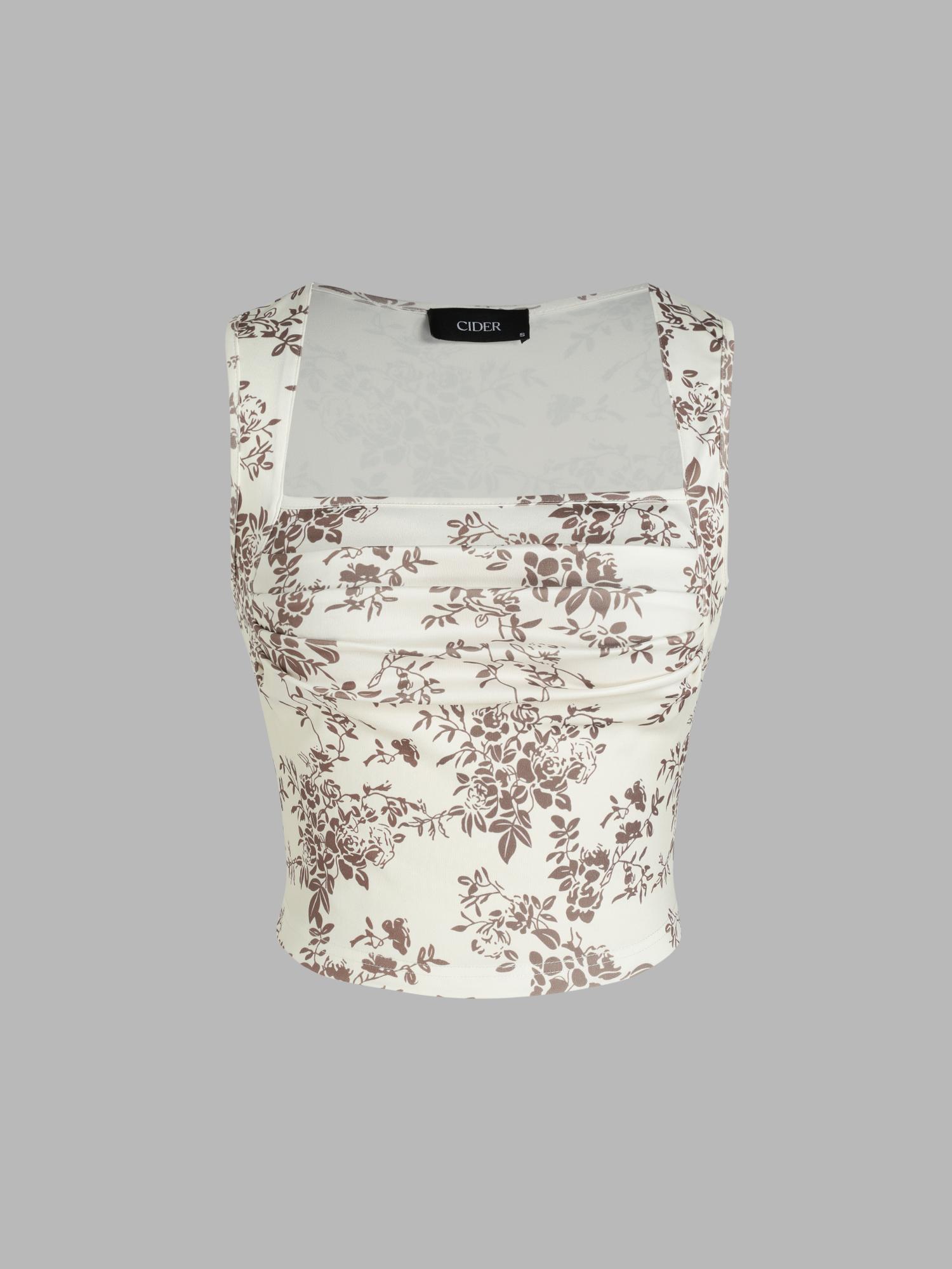 brown floral ruched square neck crop top