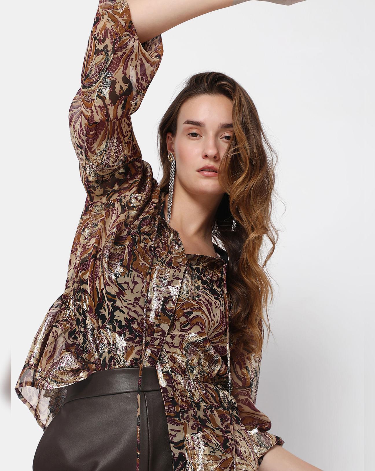 brown floral shimmer top