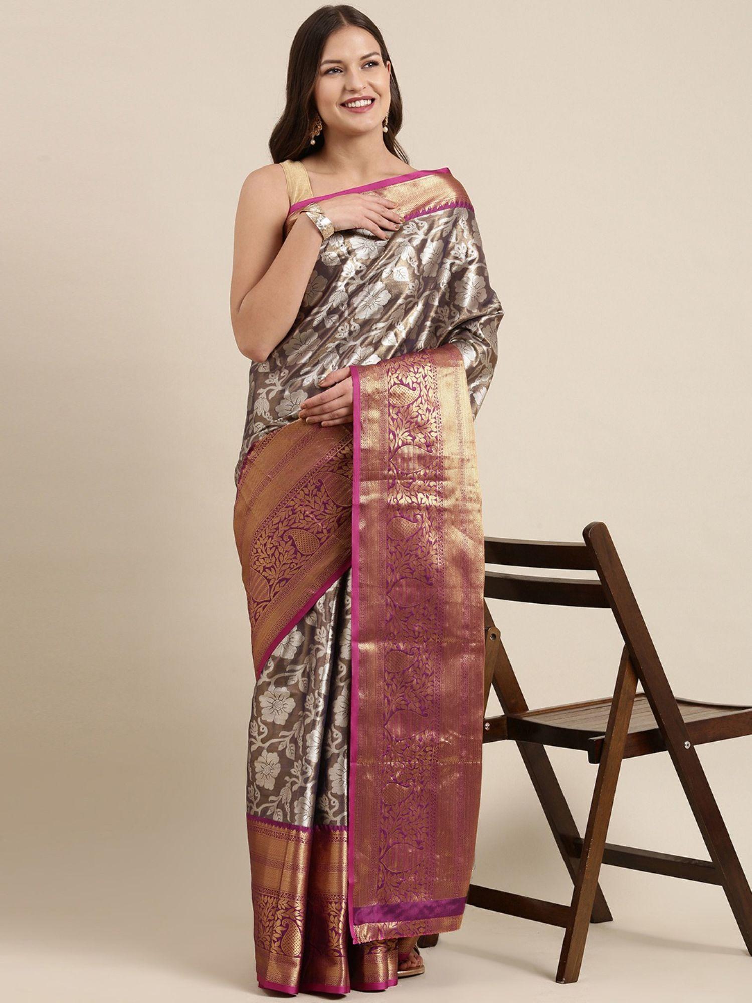 brown floral zari tissue kanjeevaram saree with unstitched blouse