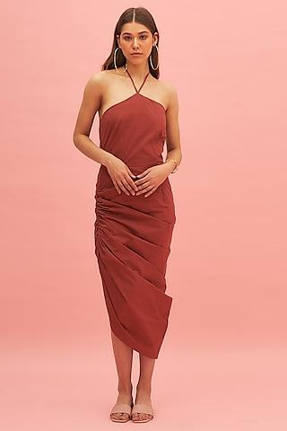 brown gathered midi dress