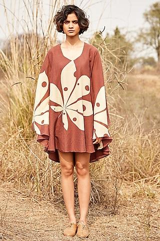 brown gauze crinkled cotton floral printed flowy dress