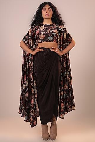 brown georgette & crepe embroidered cape set