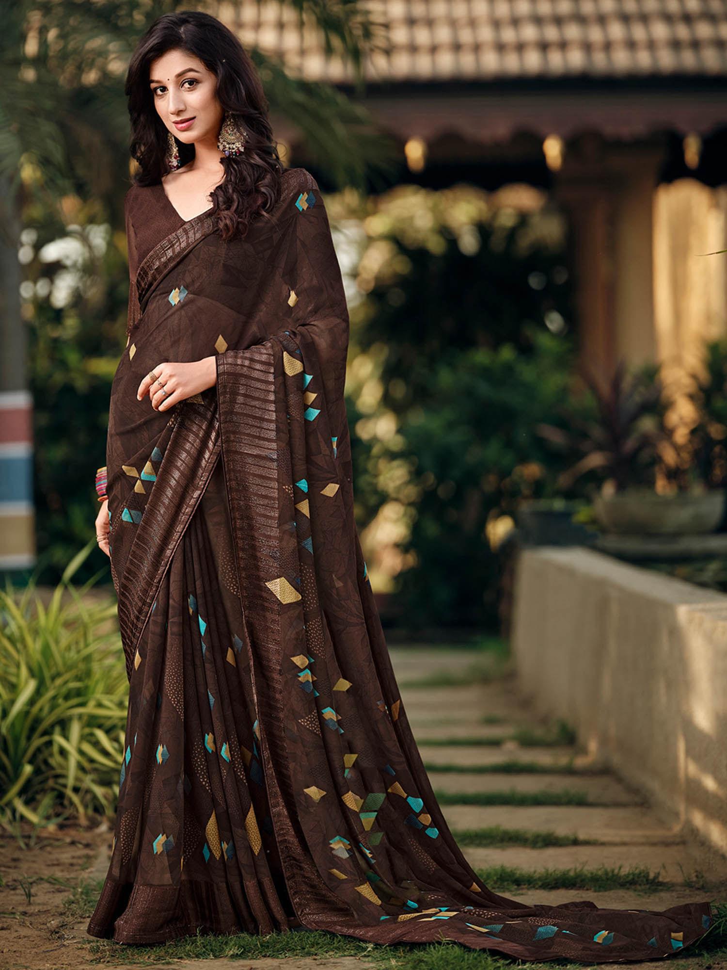 brown georgette abstract print stitched border saree with unstitched blouse