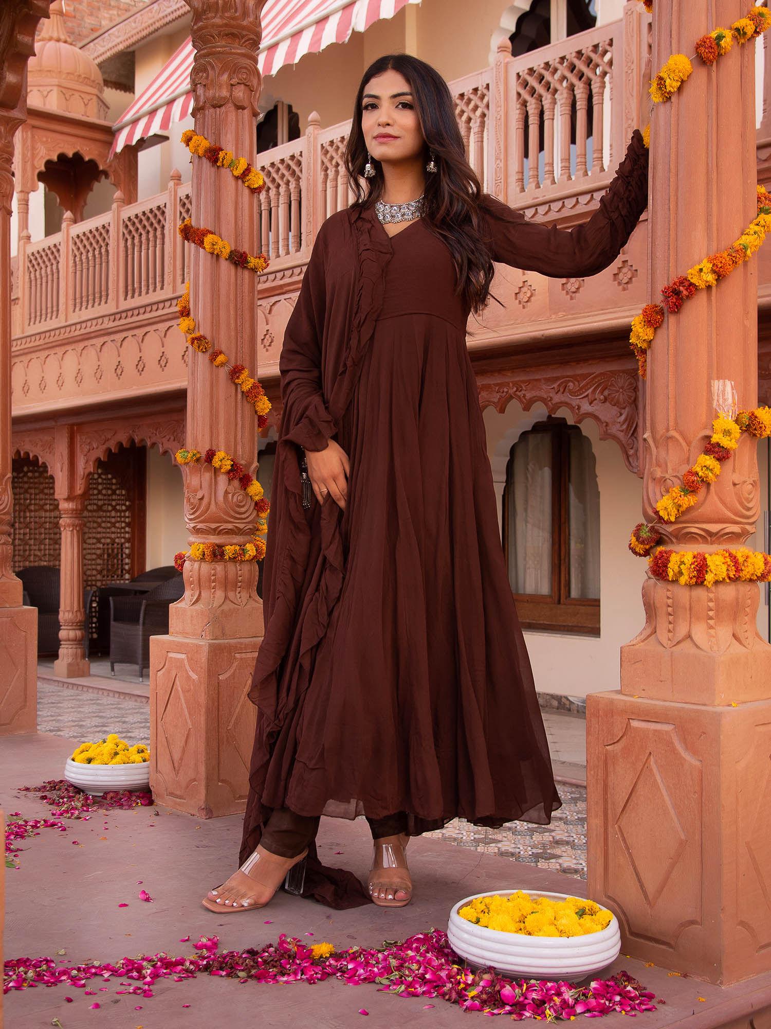 brown georgette anarkali suit (set of 3)