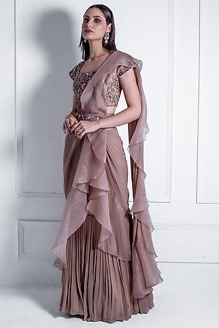 brown georgette embroidered pre-draped saree set