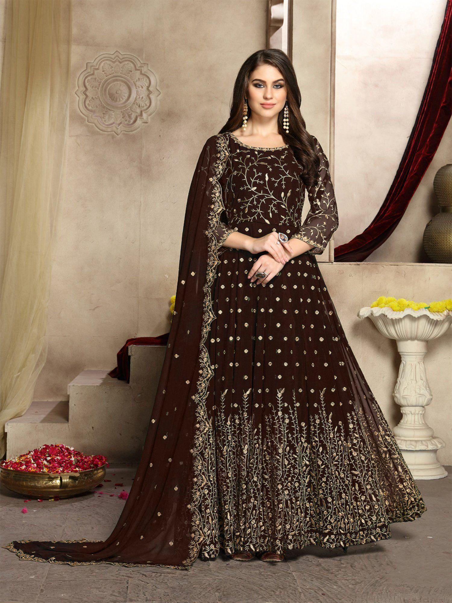 brown georgette embroidered semi stitched dress material (set of 3)