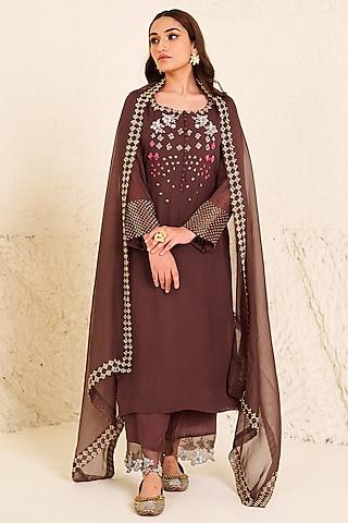 brown georgette hand embroidered straight kurta set