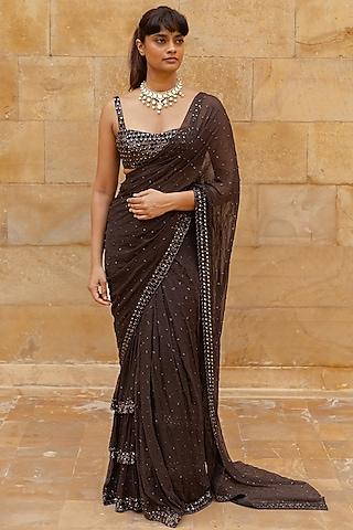 brown georgette hand embroidered tiered saree set