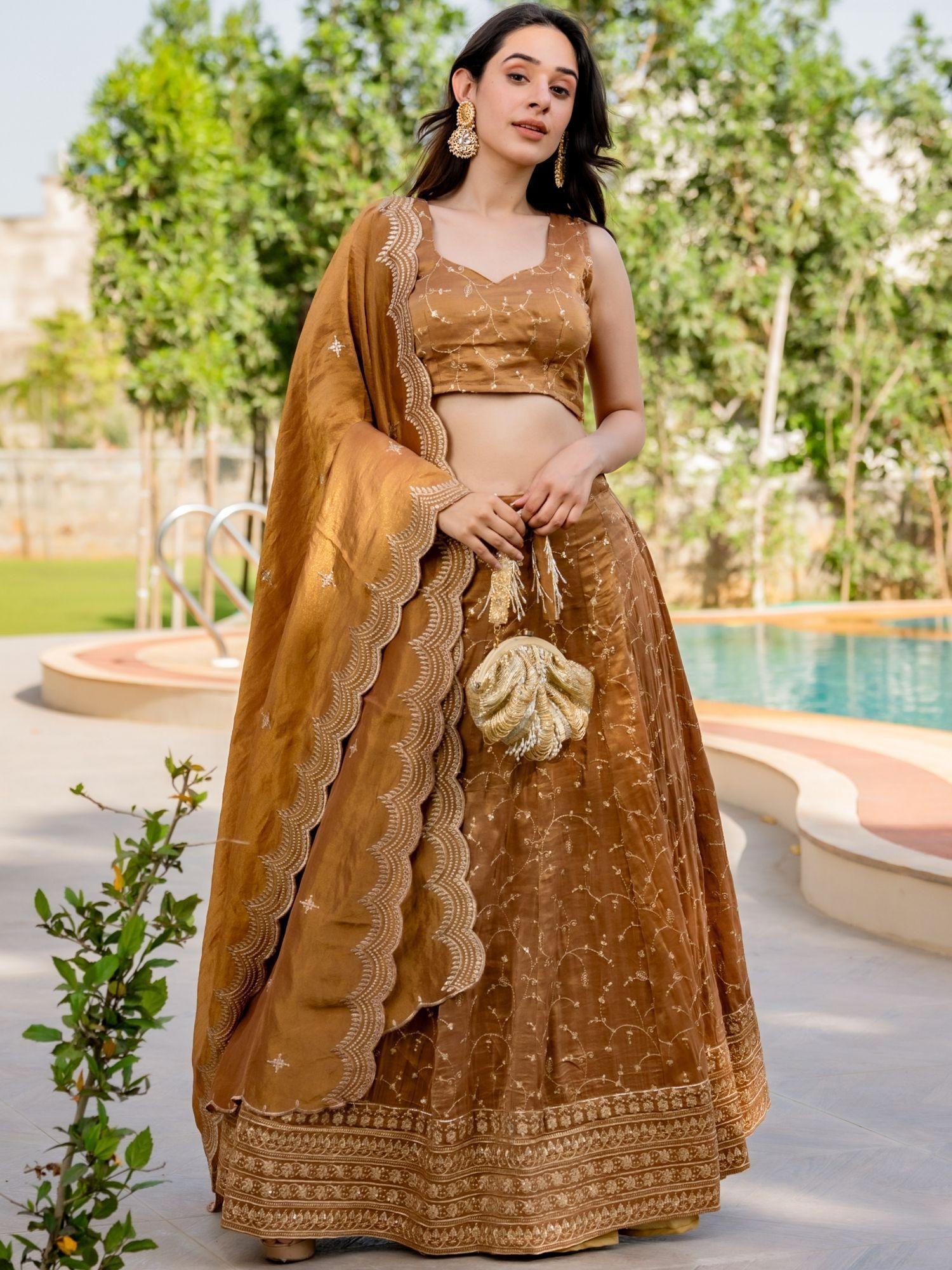 brown golden zari lehenga choli with dupatta (set of 3)