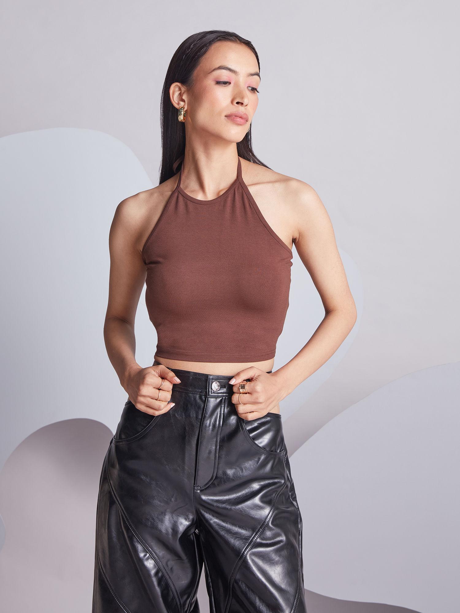 brown halter neck crop t-shirt