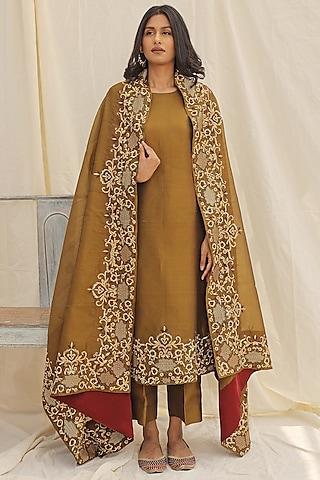 brown hand & machine embroidered kurta set