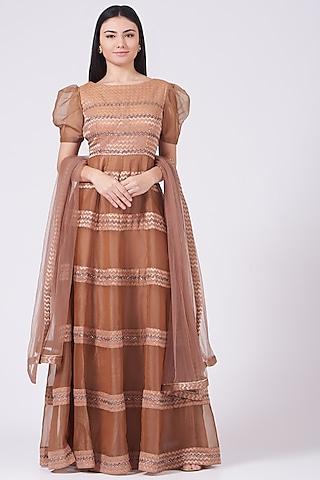 brown hand embroidered anarkali gown set