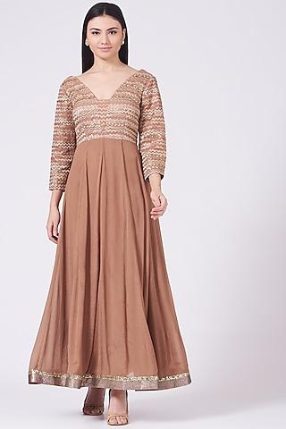 brown hand embroidered anarkali set