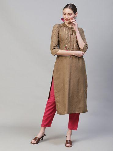 brown hand embroidered straight fit kurta