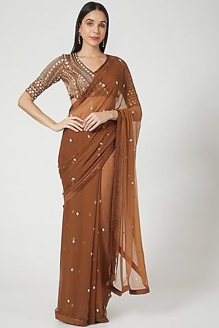 brown handcrafted draped saree set