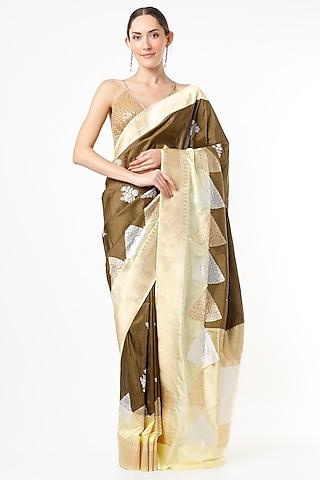 brown handwoven banarasi silk saree set