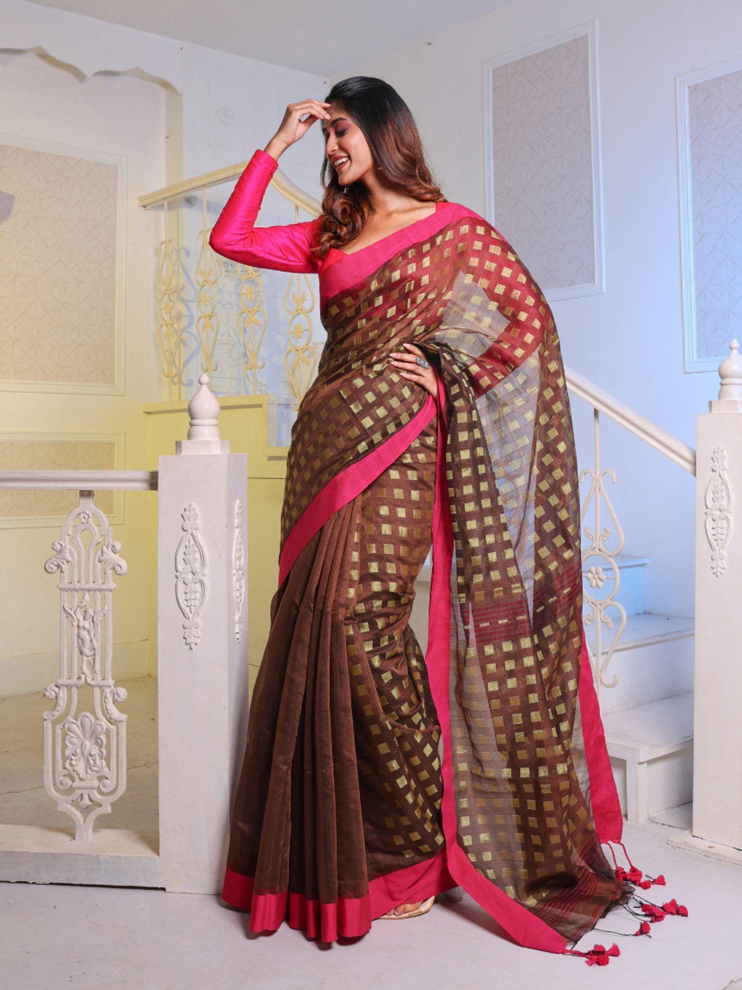 brown handwoven cotton blend soft saree with unstitched blouse