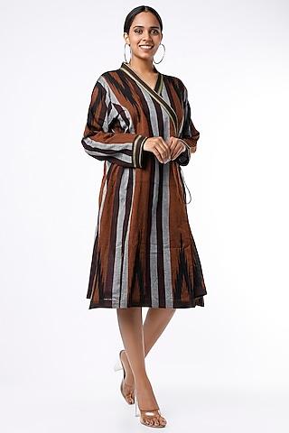 brown handwoven ikat cotton wrap dress