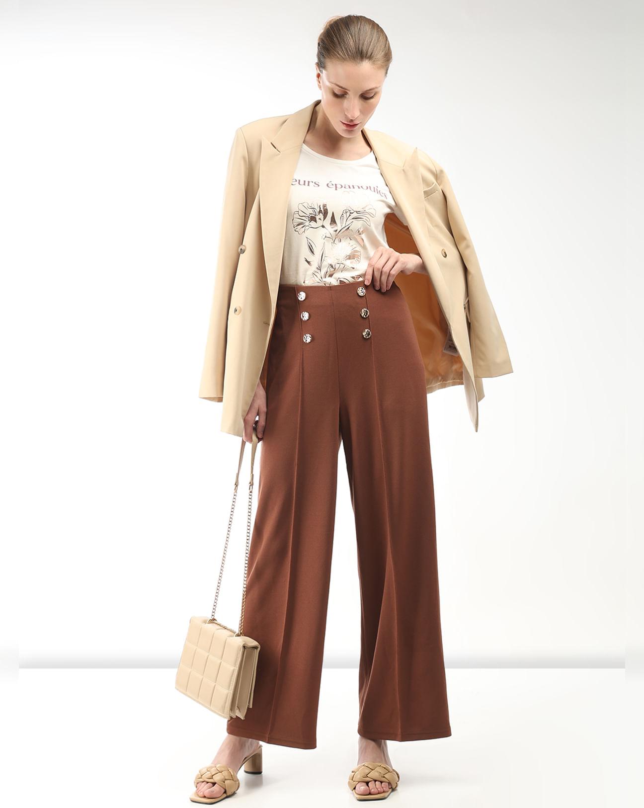 brown high rise straight fit pants