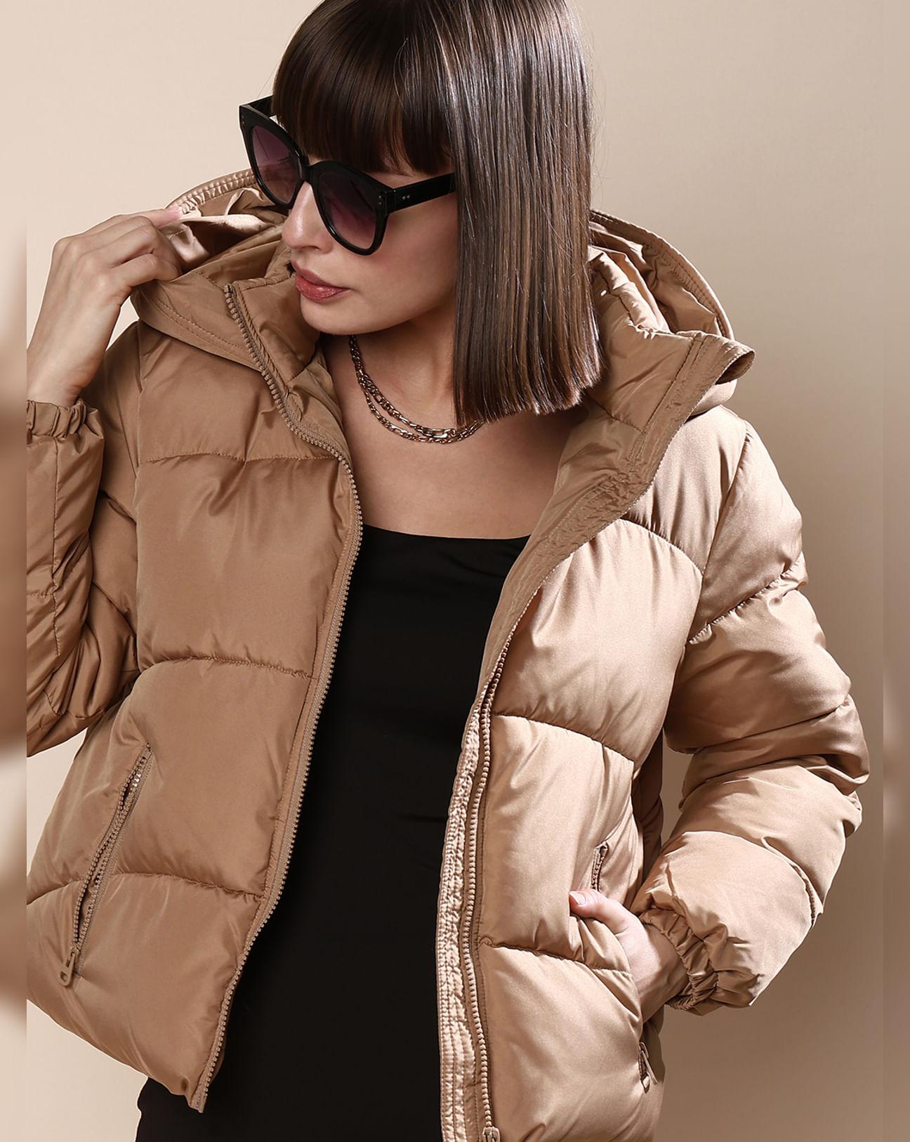 brown hooded puffer jacket