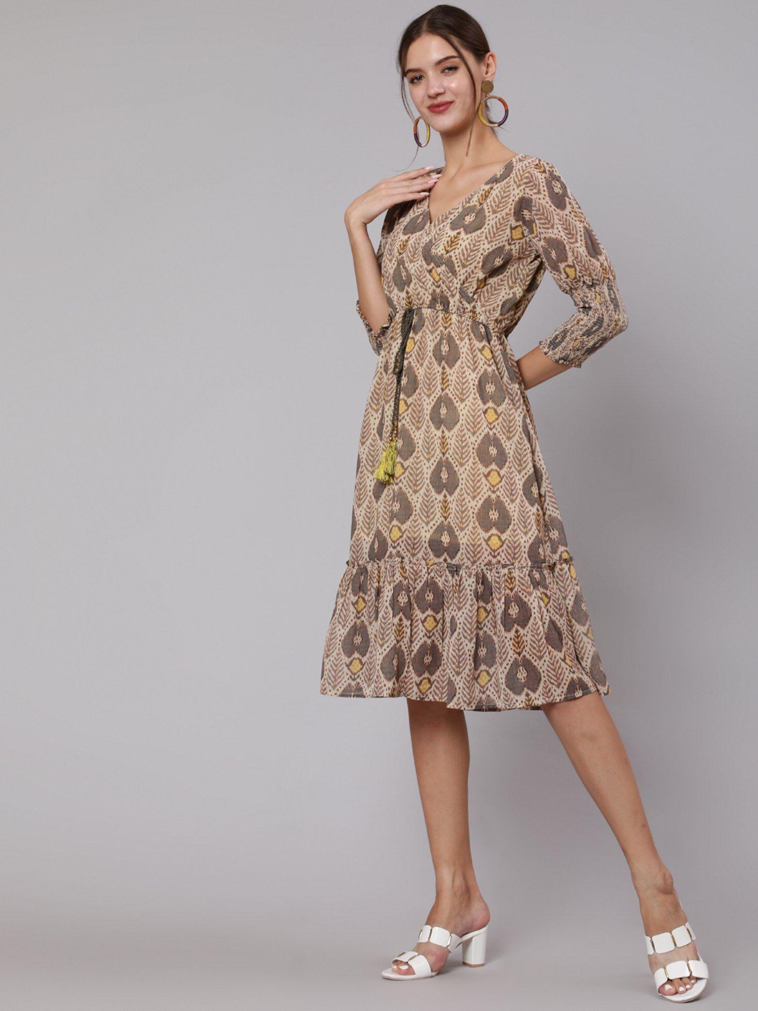 brown ikat digital printed wrap look georgette dress