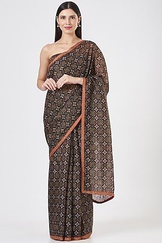 brown ikat printed saree set