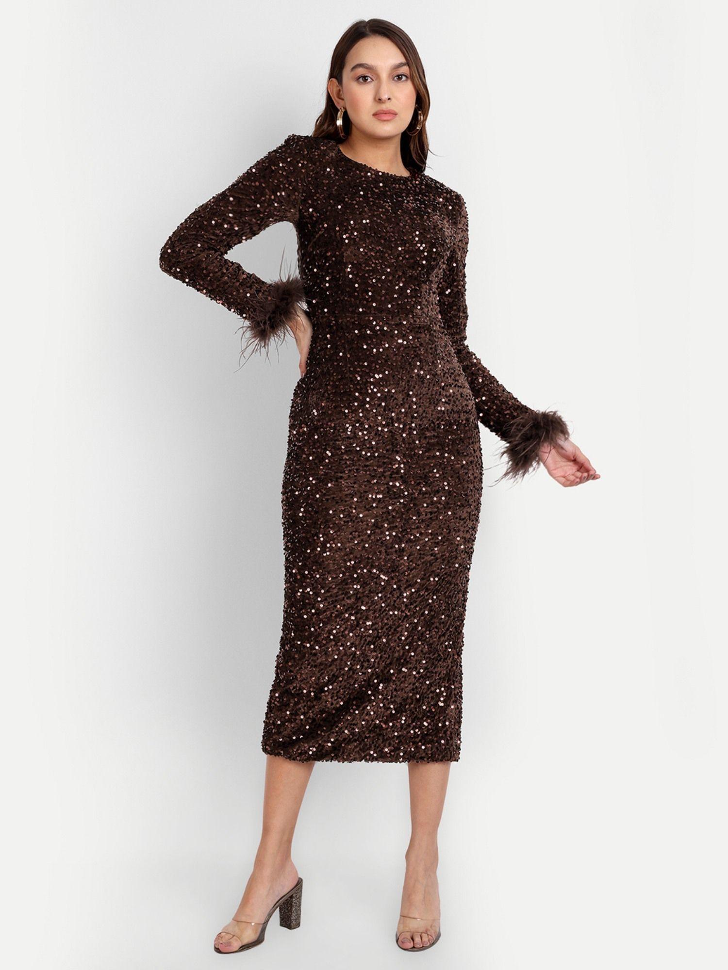 brown iki premium sequin high neck with full sleeves with fur detailing midi dress